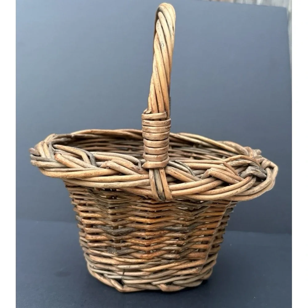 Vintage miniature child's gathering woven wicker willow basket flare rim EVC